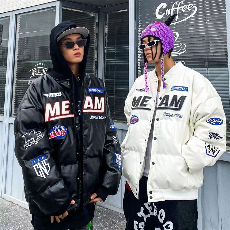 

Men s Down Parkas American retro embroidered PU leather thickened baseball clothes winter high street vibe wind hip hop loose couple bread 221208, White-2