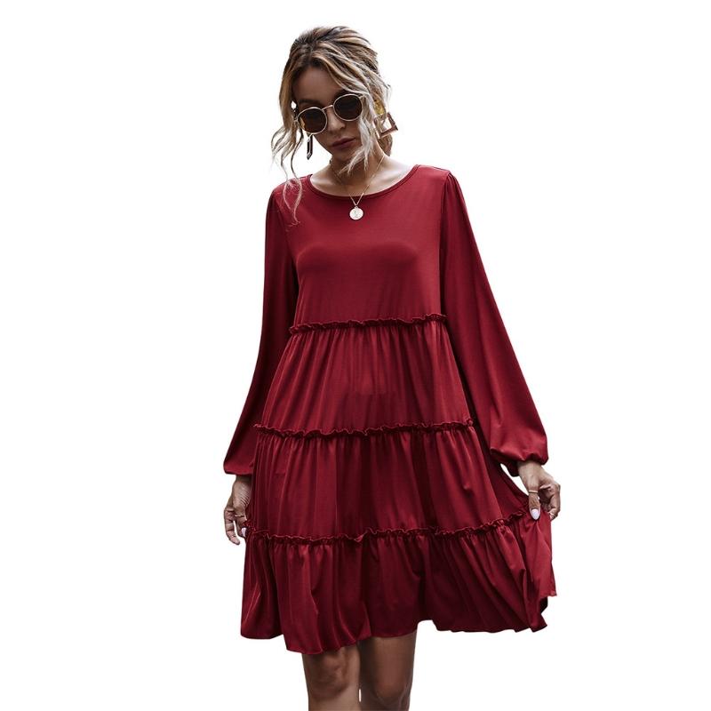 

Casual Dresses Women Autumn Puff Long Sleeve Flared Flowy Red Midi Dress Round Neck Ruffles Patchwork Vintage Pleated Ribbed Loose Sundr, Picture shown