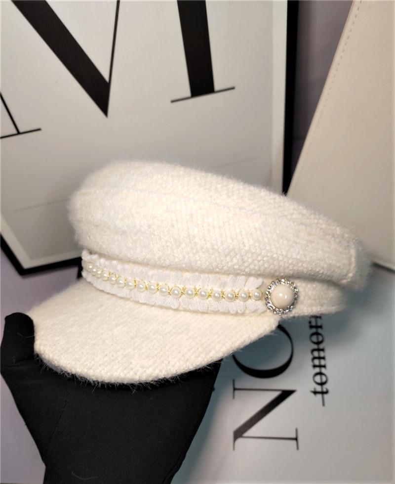 

Berets 202201-shi Imitation Mink Velvet White Lace Ribbon Rhinestone Ceramic Button Leisure Lady Octagonal Hat Women Visors Cap