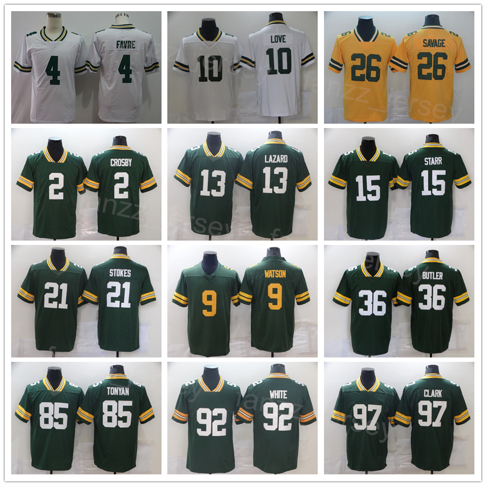 

Men Football 9 Christian Watson Jersey 26 Darnell Savage 10 Love 2 Mason Crosby 8 Amari Rodgers 4 Brett Favre 15 Bart Starr 13 Allen Lazard Green White Yellow Stitched
