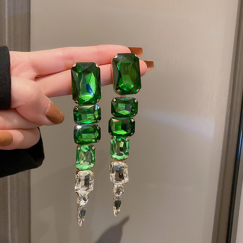 

Square Green Crystal Earrings Oversize Ladys Long Geometric Dangle Earrings for Women Fashion Jewelry Gifts