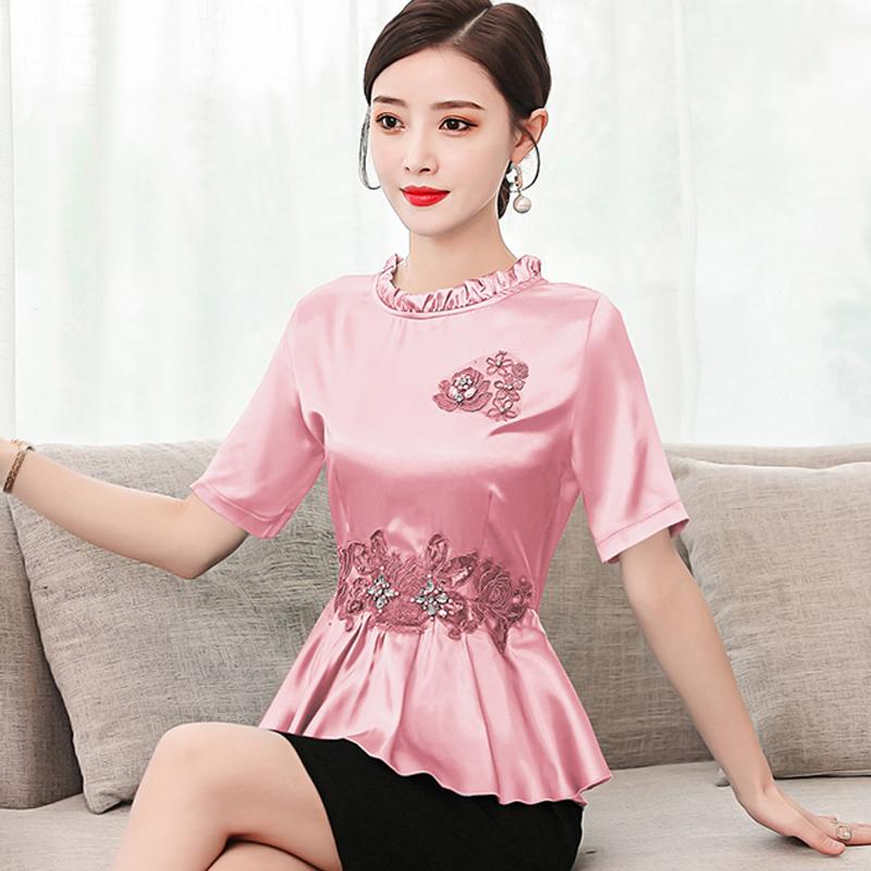 

Women's Blouses & Shirts Korean Beaded Lace Tops Elegant Ruffled Embroidered Shirt Short-sleeve Fashion Satin Pullover Blouse Blusa, Green