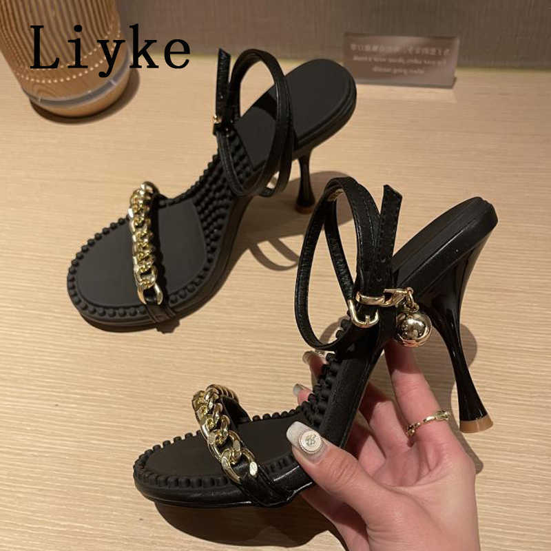 

Sandals Liyke High Quality Cozy Non-slip Massage Women Sandals Fashion Metal Chains Stiletto Heels Ankle Strap Summer Open Toe Shoes T221209, Purple