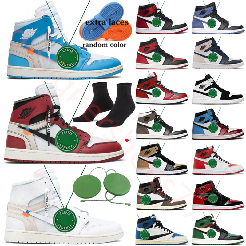 

2023 Off UNC Jumpman 1s basketball shoes Mocha Pine Green Electro Orange Chicago Lost Found Homage Starfish university blue black Toe bred patent Denim sneakers, Color # 36