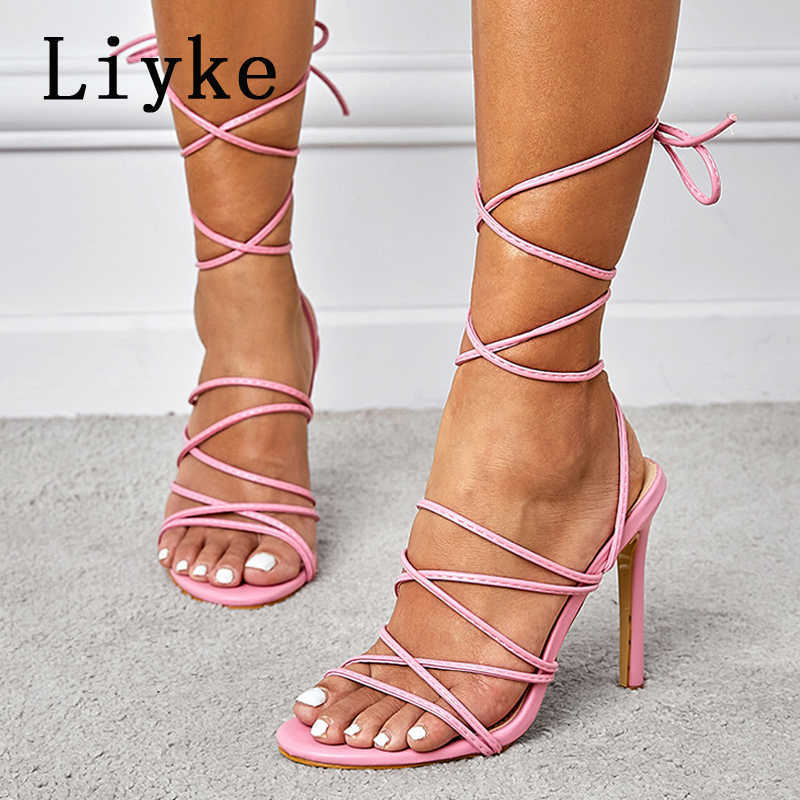 

Sandals Liyke 2022 Summer Blue Pink Women Thong Sandals Fashion Ankle Strappy High Heels Square Toe Lace-Up Party Dress Shoes Size -42 T221209