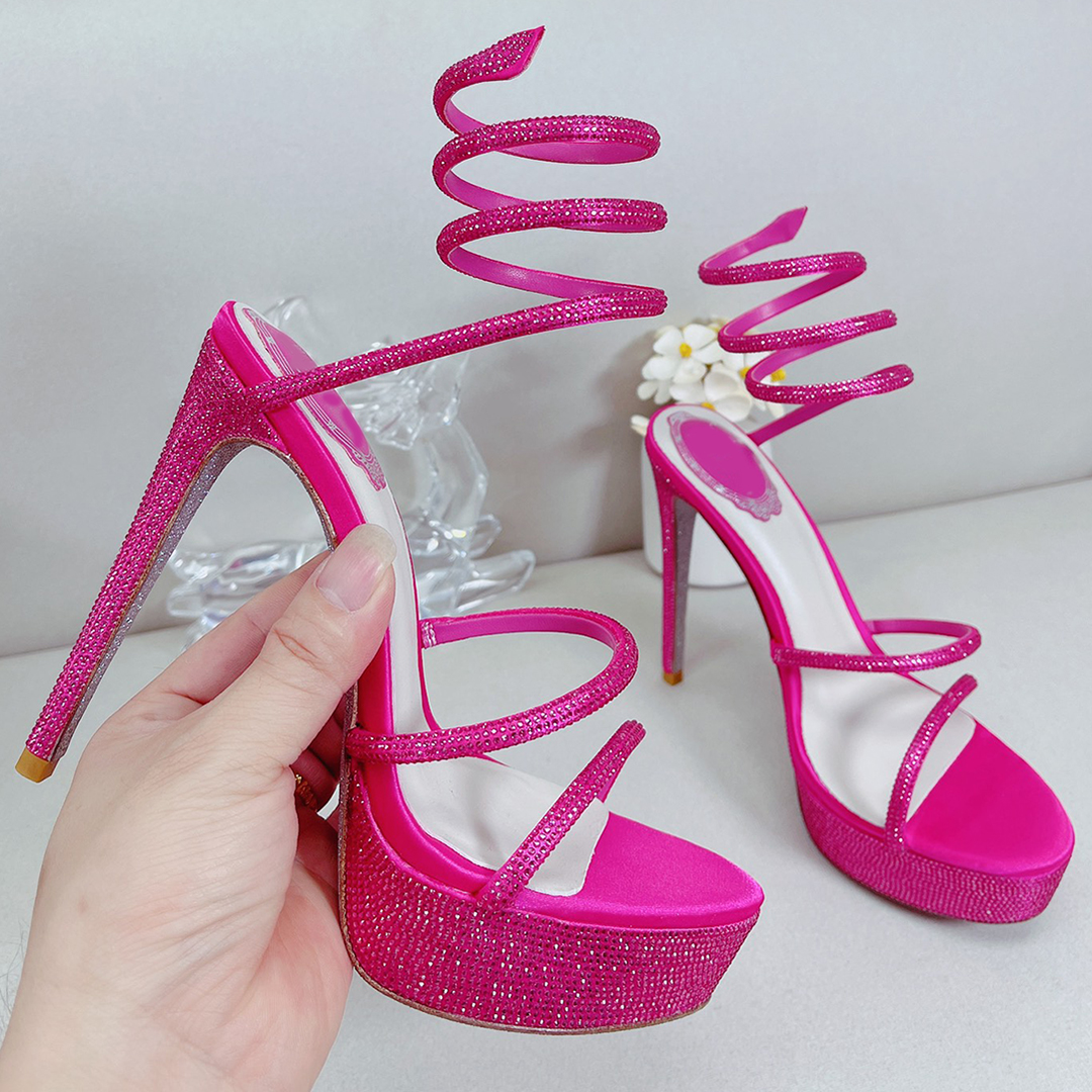 

Designer womens Sandals rhinestone snake winding shoes 14CM high heeled Water drill platform heel Wedding Party Sandal 35-43 with box, Black