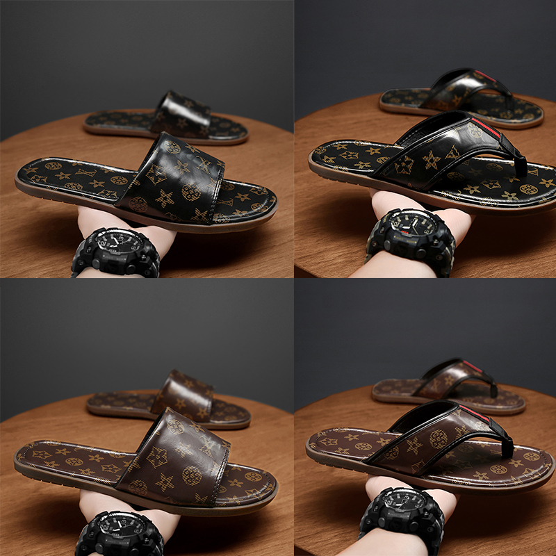 

Luxury brand designer men's flip flops flip flops leather solid color brown black summer outdoor fashion soft bottom comfortable leisure beach sandals, 0099 black