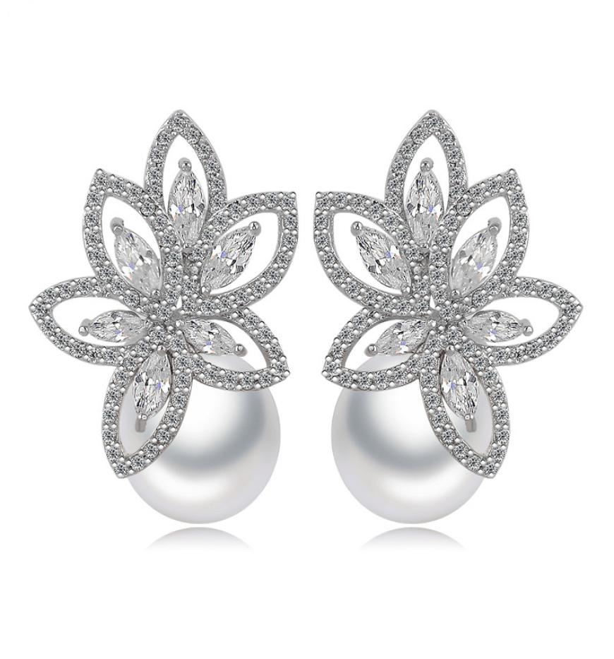 

Pearl Flower Drop Earrings Bling White Zircon Fine Jewelry Wedding Dangle Earrings for Women Girl Gift4889134