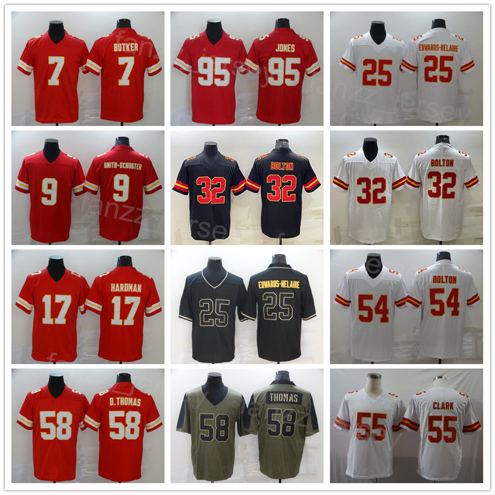 

Men Football 25 Clyde Edwards-Helaire Jerseys 32 Nick Bolton 55 Frank Clark 95 Chris Jones 7 Harrison Butker 9 JuJu Smith-Schuster 17 Mecole Hardman 58 Derrick Thomas, Red