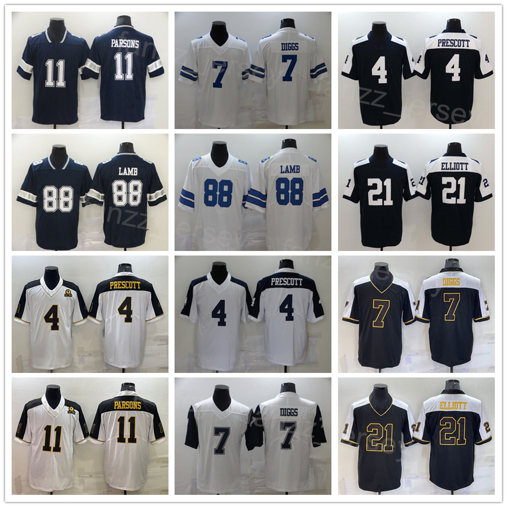 

Men Football 11 Micah Parsons Jersey 4 Dak Prescott 21 Ezekiel Elliott 7 Trevon Diggs 88 Ceedee Lamb Thanksgiving White Navy Blue Team Vapor Color Rush All Stithing