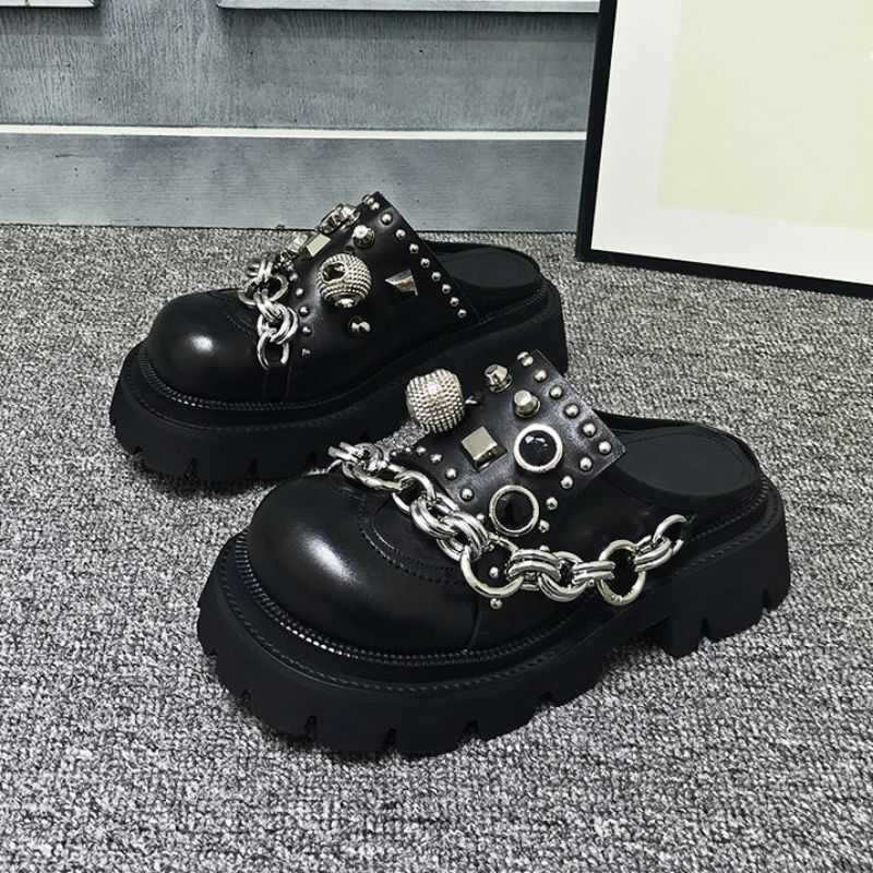 

Slippers Summer Women Mules 5cm Platform Leather Slippers Punk Hip-Hop Metal Decorative Chains Slippers Female Thick Bottom Black Slides T221209, Black-style 4