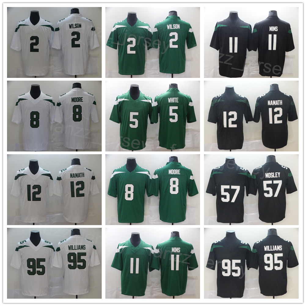 

Men Football 8 Elijah Moore Jersey 11 Denzel Mims 5 Mike White 57 CJ Mosley 2 Zach Wilson 95 Quinnen Williams 12 Joe Namath Team Black Green White Color Stitched Sport