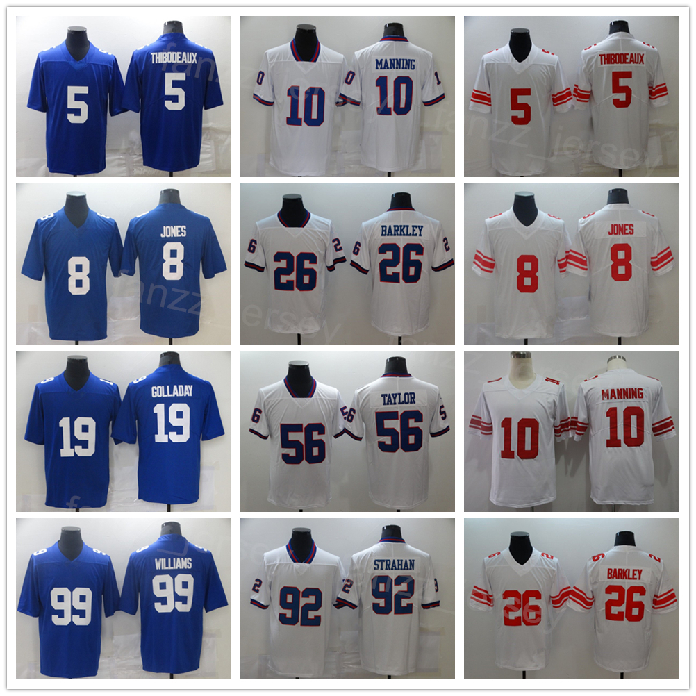 

Men Football 10 Eli Manning Jerseys 99 Leonard Williams 5 Kayvon Thibodeaux 8 Daniel Jones 26 Saquon Barkley 19 Kenny Golladay 56 Tyrod Taylor 92 Michael Strahan Team, Blue