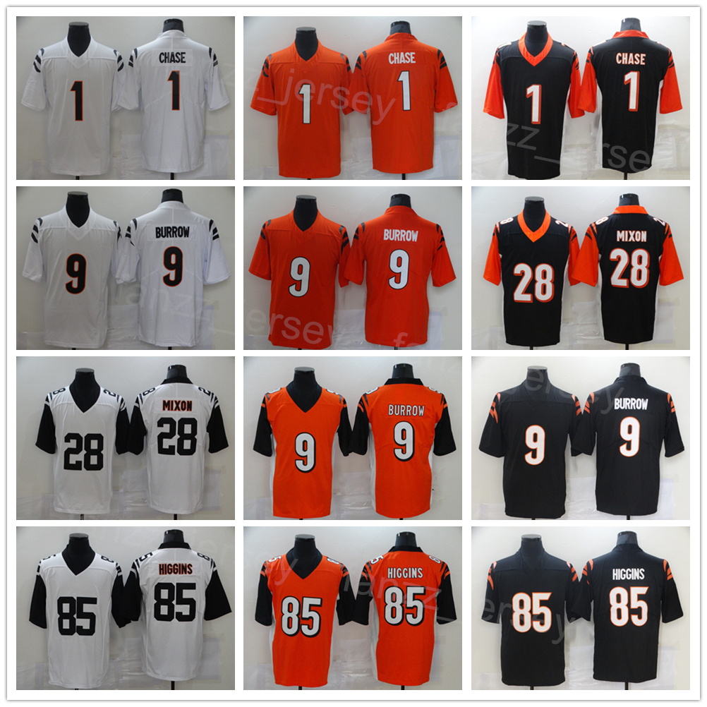 

Men Football 28 Joe Mixon Jerseys 1 JaMarr Chase 85 Tee Higgins 9 Joe Burrow All Stitched Vapor Color Rush Black White Orange Team For Sport Fans Breathable Pure Cotton