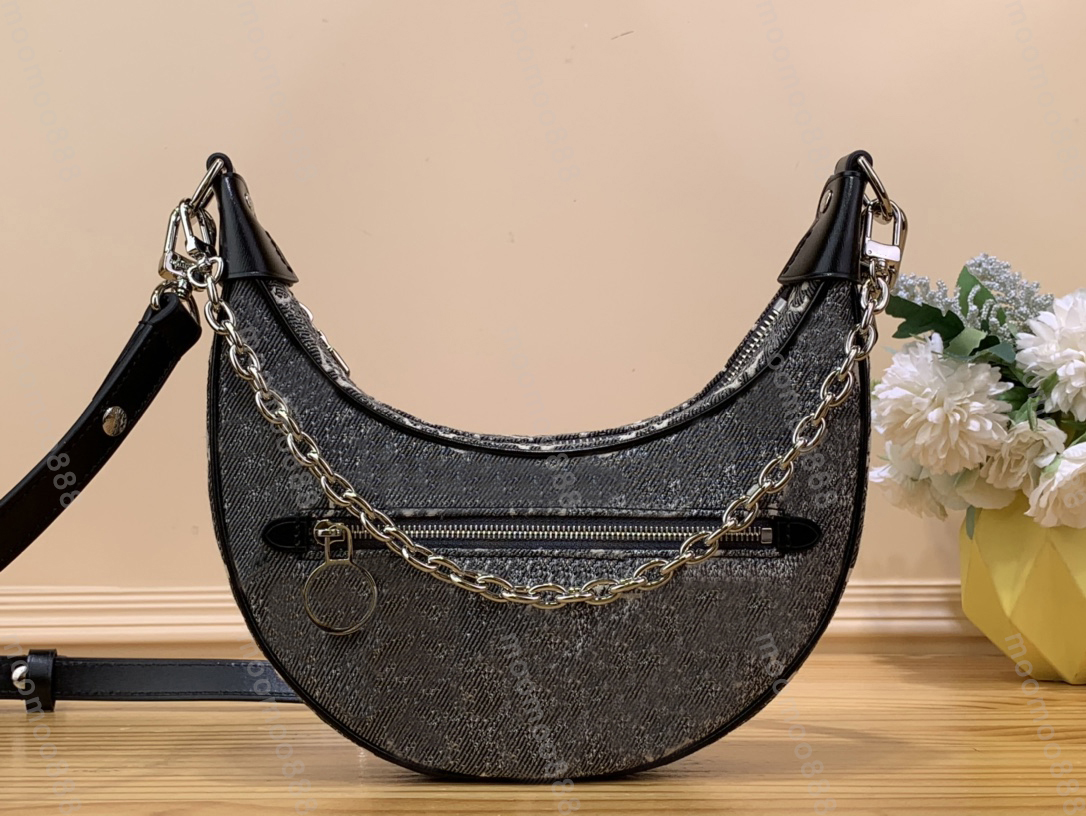 

10A Top Tier Mirror Quality Denim Loop Bag Small 23cm Half Moon Handbag Womens Real Leather Strap Zipper Purse Luxury Designers Shoulder Chain Bag With Box, Upload pics to contact us