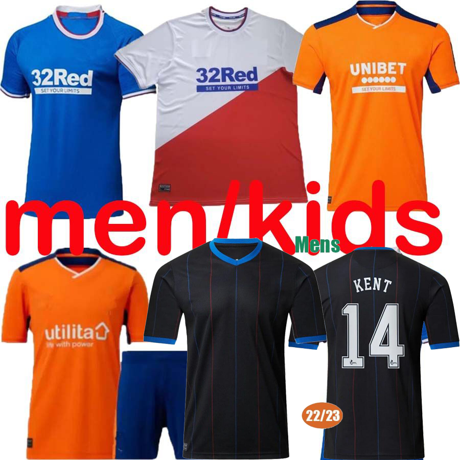 

2022 2023 Glasgow Rangers Soccer Jerseys Third Oranger Kit 22/23 Home Blue Away Legendary Commemorative Football Shirt men Kids Kit Set, Orange