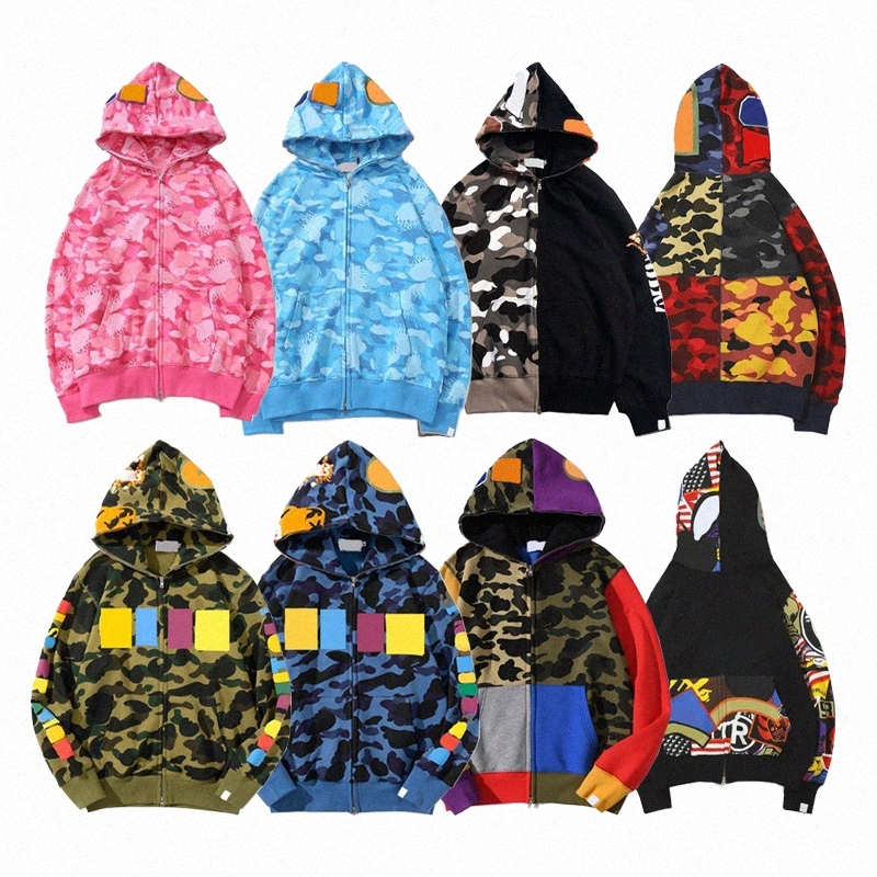 Mens Shark Hoodies Camouflage Design Red Yellow Blue Splicing Fleece Sweater Zipper Sweater Lovers Sweatshirts Designer Fashion Hoodie