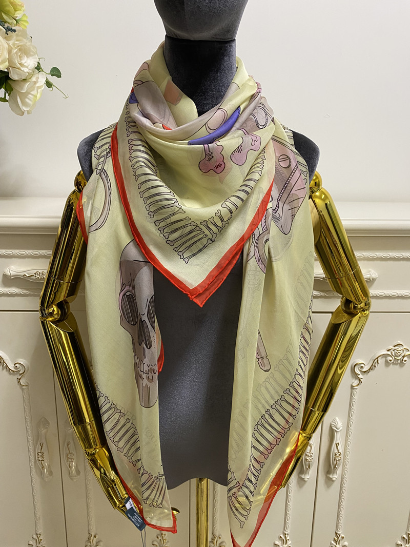 

women's square scarf scarves 100% silk material yellow color pint letter pattern size 130 cm - 130cm