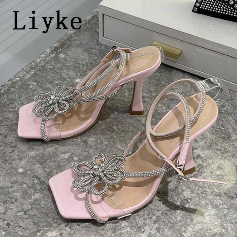 

Sandals Liyke Silver Bling Crystal Flowers Sexy Sandals For Women Transparent Opne Toe Rhinestone Strap High Heels Wedding Dress Shoes T221209, Blue