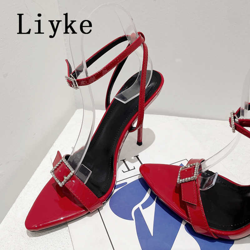 

Sandals Liyke Sexy Crystal Buckle Ankle Strap Red Sandals Women Summer Party Wedding Stripper Shoes Pointed Open Toe Gladiator High Heel T221209