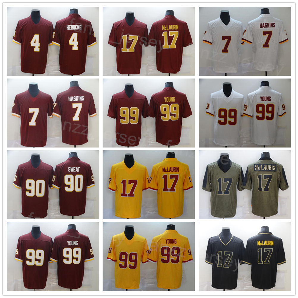

Men Football 99 Chase Young Jersey 17 Terry McLaurin 4 Taylor Heinicke 90 Montez Sweat 7 Dwayne Haskins Team Stitched Red White Yellow Black Olive Salute To Service