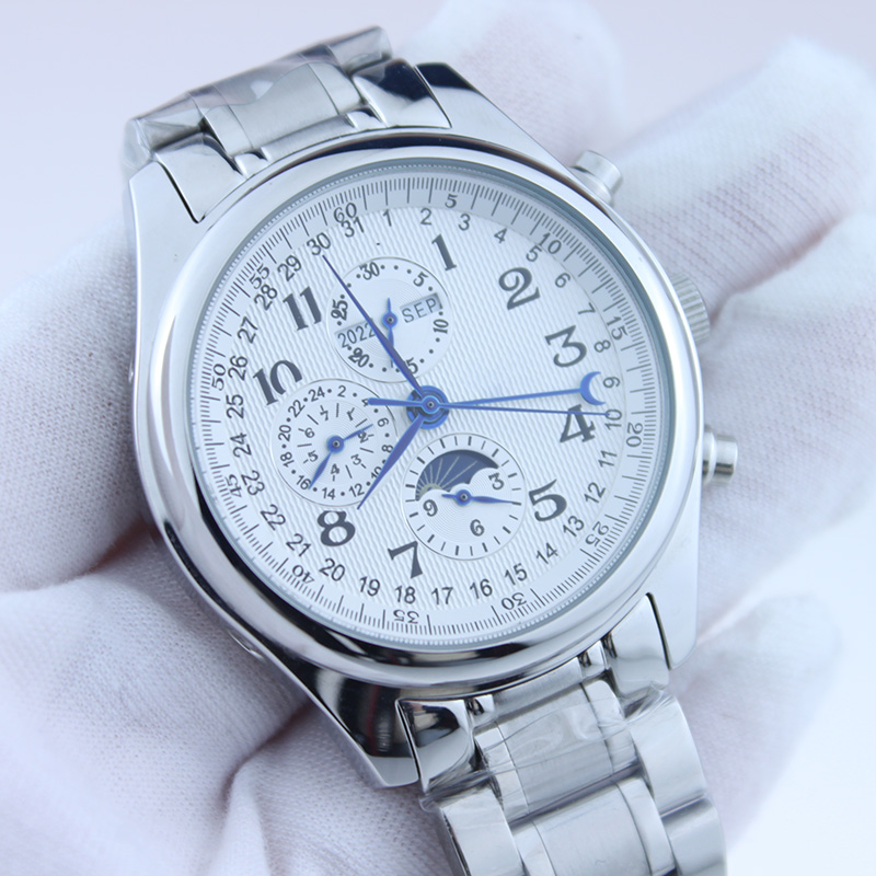 Casual digital dial watch Dual calendar six pin Lunar phase stainless steel chronograph watch for men-image-827200434