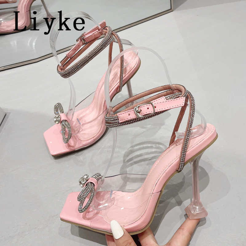 

Sandals Liyke Size -41 Fashion Crystal Bowknot Women Transparent Sandals Summer Party Wedding High Heels Ladies Banquet Dress Shoes T221209, Orange