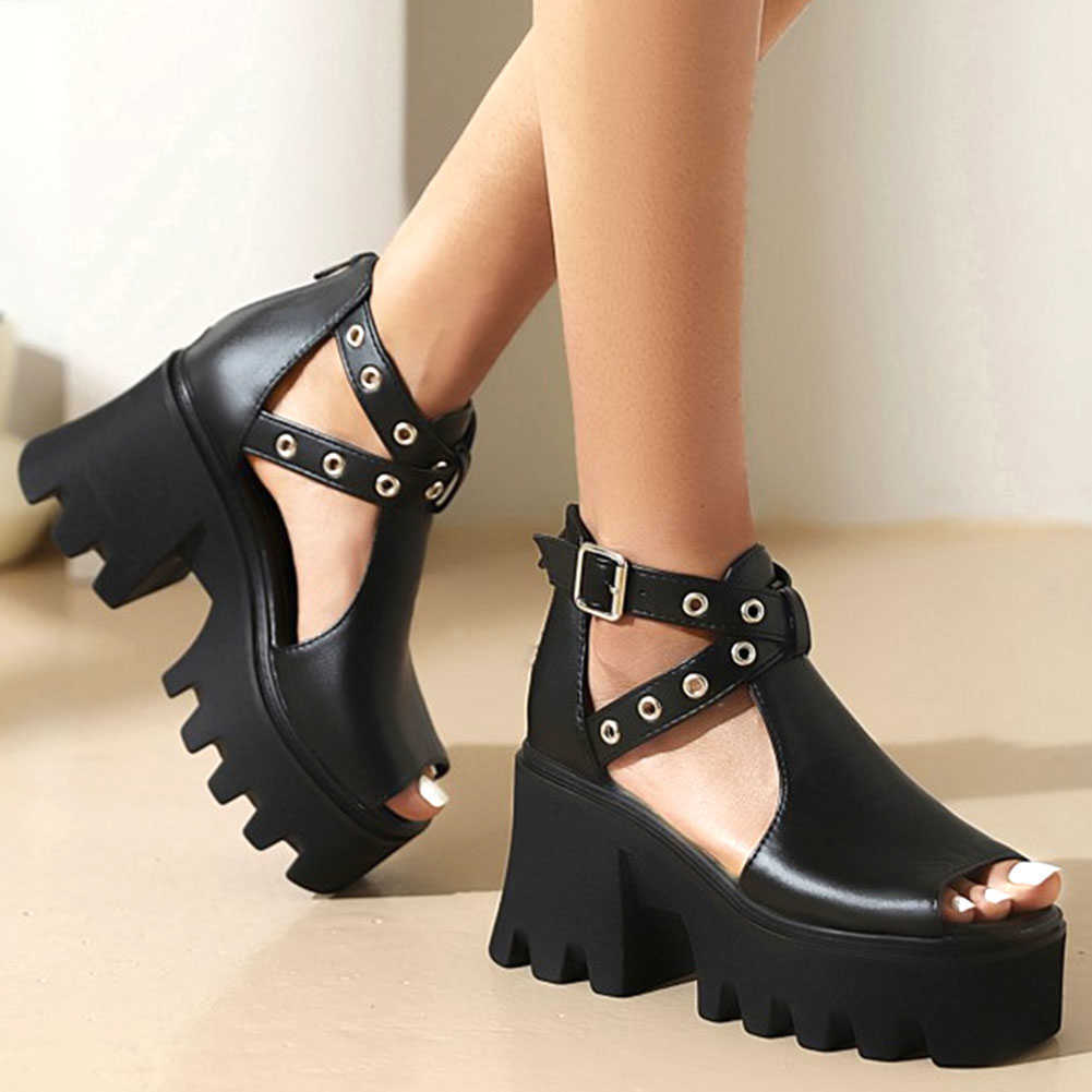 

Sandals 2021 Cool Leisure Zipper Gladiator Black Gothic Square Heels Brand New Summer Thick Platform Shoes Sandals Woman Large Size 45 T221209