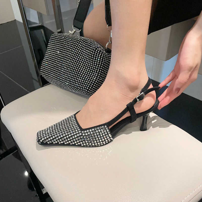 

Sandals New 2022 Women Sandals Female Square Toe Shallow Fashion Rhinestones Thin High Heels Shoes Ladies Solid Buckle Strap Pu Footwear T221209, Black