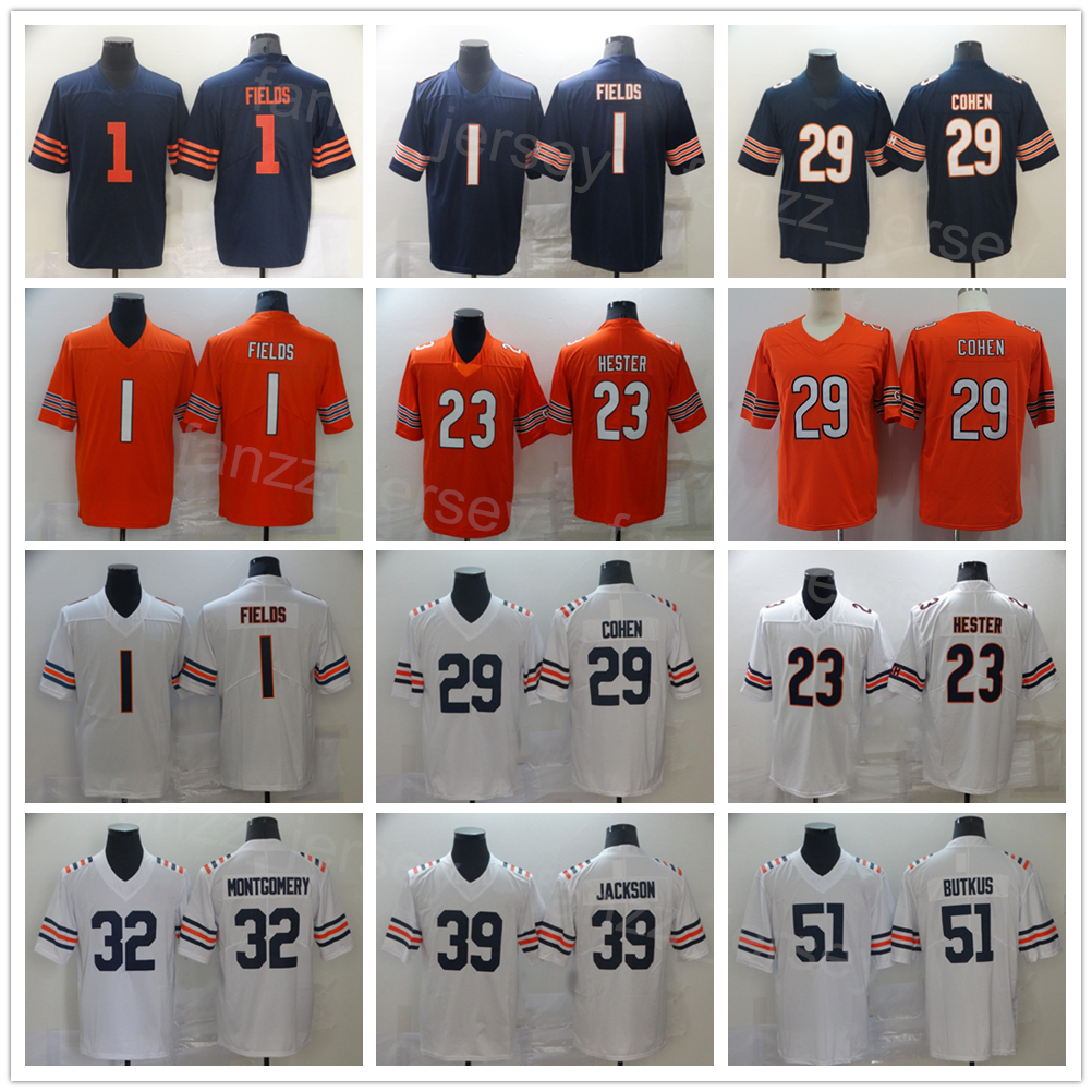

Men Football 1 Justin Fields Jersey 23 Devin Hester 29 Tarik Cohen 32 David Montgomery 51 Dick Butkus Navy Blue White Orange Team All Stitched Vapor Color Rush Uniform