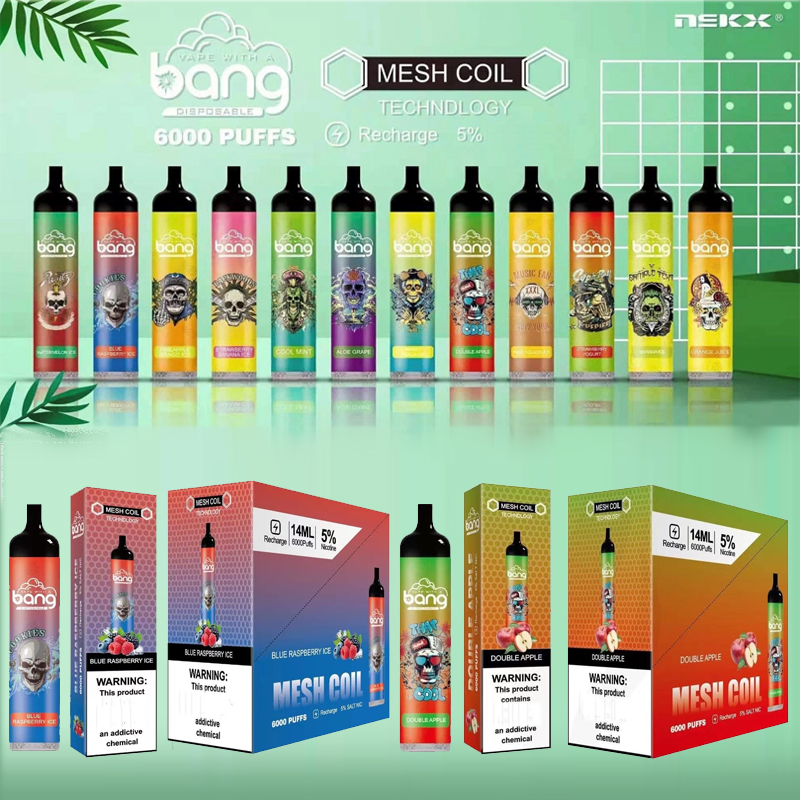 

Bang XXL 6000 Puffs Disposable Bar E cigarette Vape 850mAh Recharge Battery Mesh Coil 14ml Pre-filled Pods Cartridge devices Vaporizer kit 12 Flavors