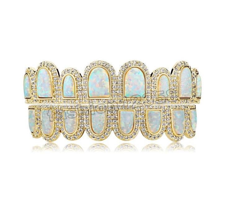 

Hip Hop Grillz Opal Natural Stone Inlay Bling Iced Out CZ Top Bottom Flat Teeth Grillzs for Men Rapper Jewelry2340680