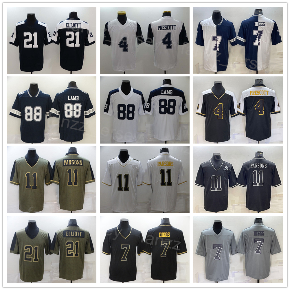 

Men Football 4 Dak Prescott Jersey 7 Trevon Diggs 11 Micah Parsons 21 Ezekiel Elliott 88 Ceedee Lamb Navy Blue White Thanksgiving Olive Salute To Service All Stitched