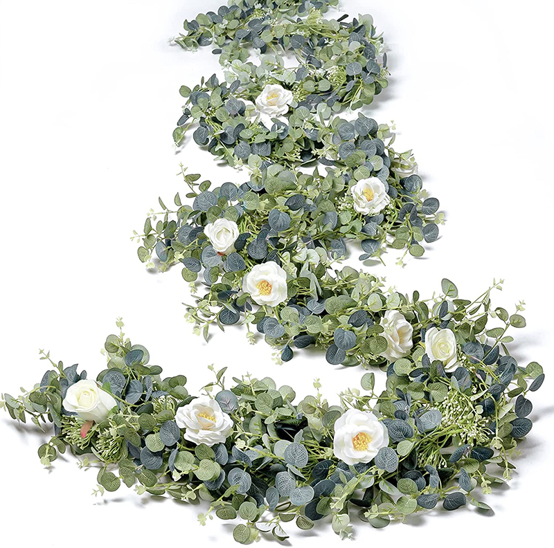 

Decorative Flowers Eucalyptus Garland with White Rose Artificial Floral Vines for Wedding Table Runner Doorways Decoration Indoor Outdoor Backdrop Wall Decor, G/1.8m