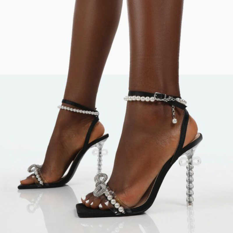 

Sandals 2023 New Women Sandals Female Fashion Crystal Butterfly Knot Party Pumps Ladies Square Toe Thin High Heels Pearl Chain Footwear T221209, Black