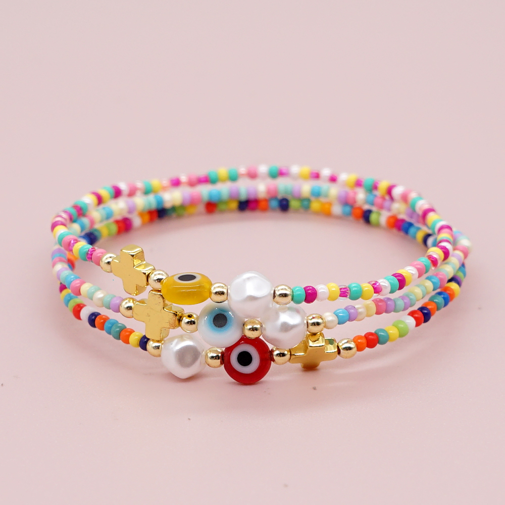 

20pcs/lot Pearl Christian Cross Evil Eye charms Bracelets Beaded Colorful Bracelets for Woman as Speical Fashion Jewelry Gift