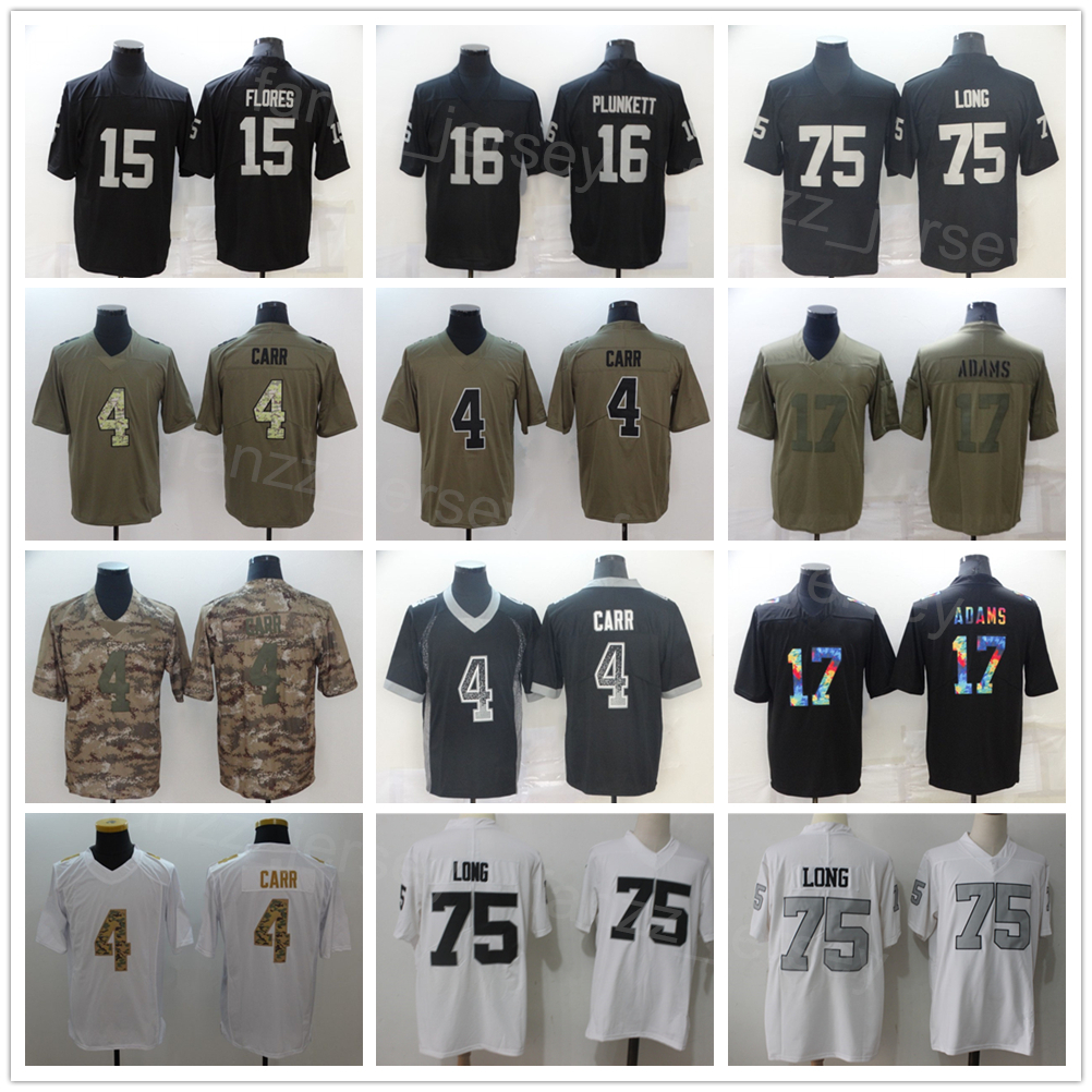 

Men Football 75 Howie Long Jerseys 17 Davante Adams 4 Derek Carr 15 Flores 16 Jim Plunkett All Stitched Black White Camo Army Green Olive Salute To Service Color Rush