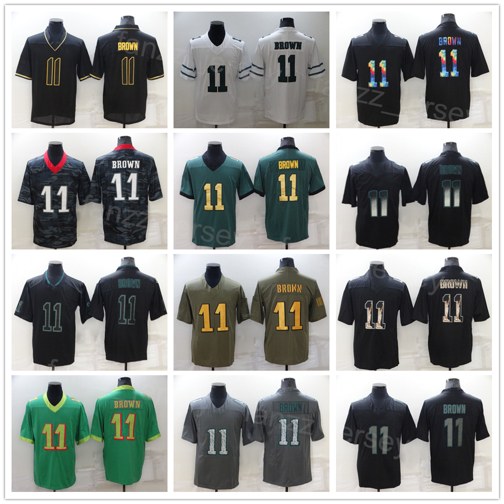 

Men Football 11 A.J Brown Jerseys Vapor Color Rush Olive Salute To Service USMC Turn Back The Clock Hyphenation Goddess Shadow Flag Drift Smoke Hemp Grey All Stitching