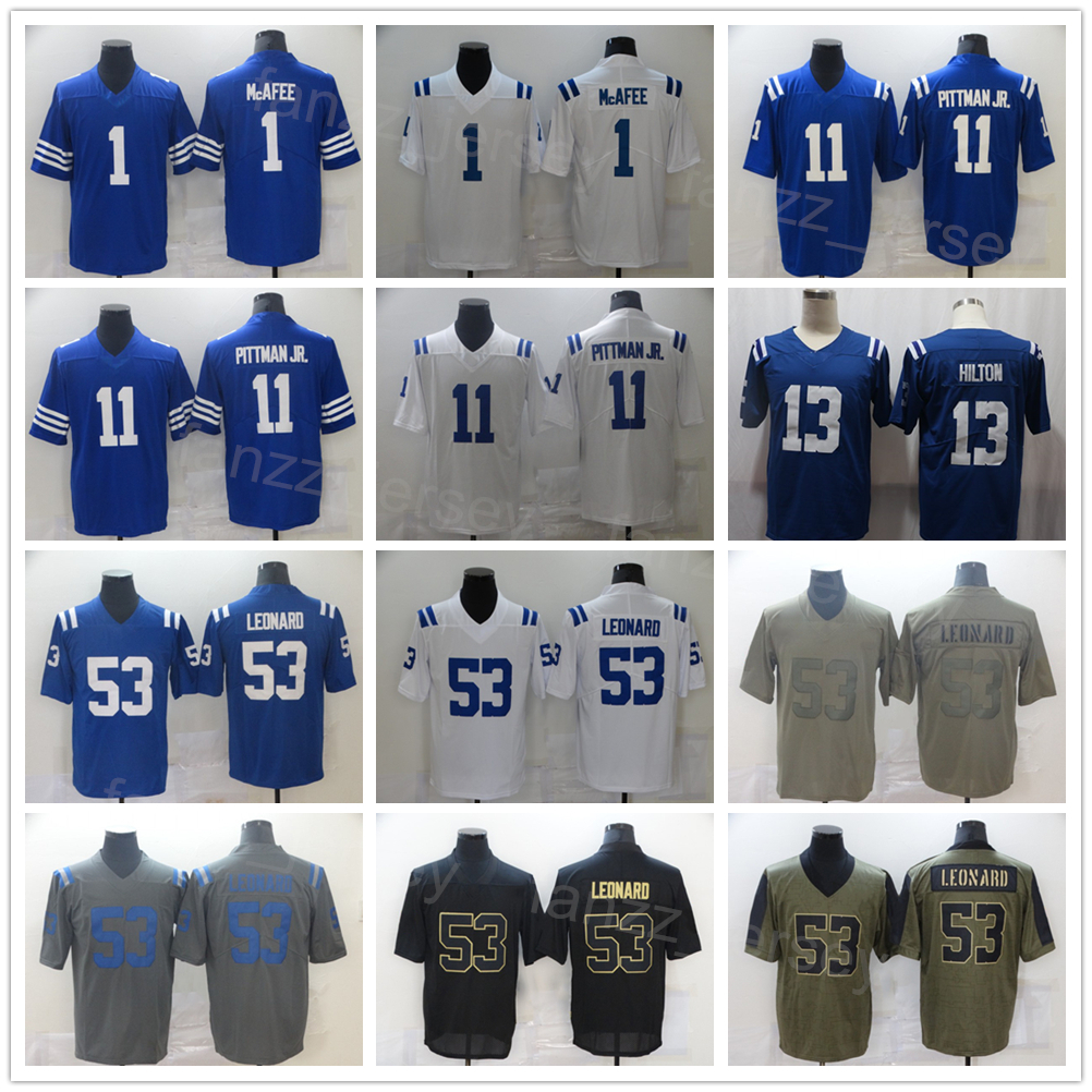 

Men Football 1 Parris Campbell Jersey 11 Michael Pittman Jr 53 Shaquille Leonard 13 TY Hilton Army Green Salute To Service Team Color Blue White Black All Stitching