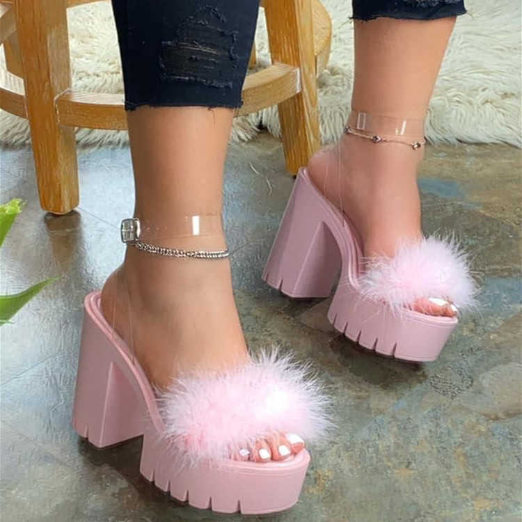 

Sandals Women's Fur High Heels New Women Platform Plush Sandals Ladies Buckle Pumps Female Non Slip Footwear Woman Shoes Plus Size n09 T221209, Black