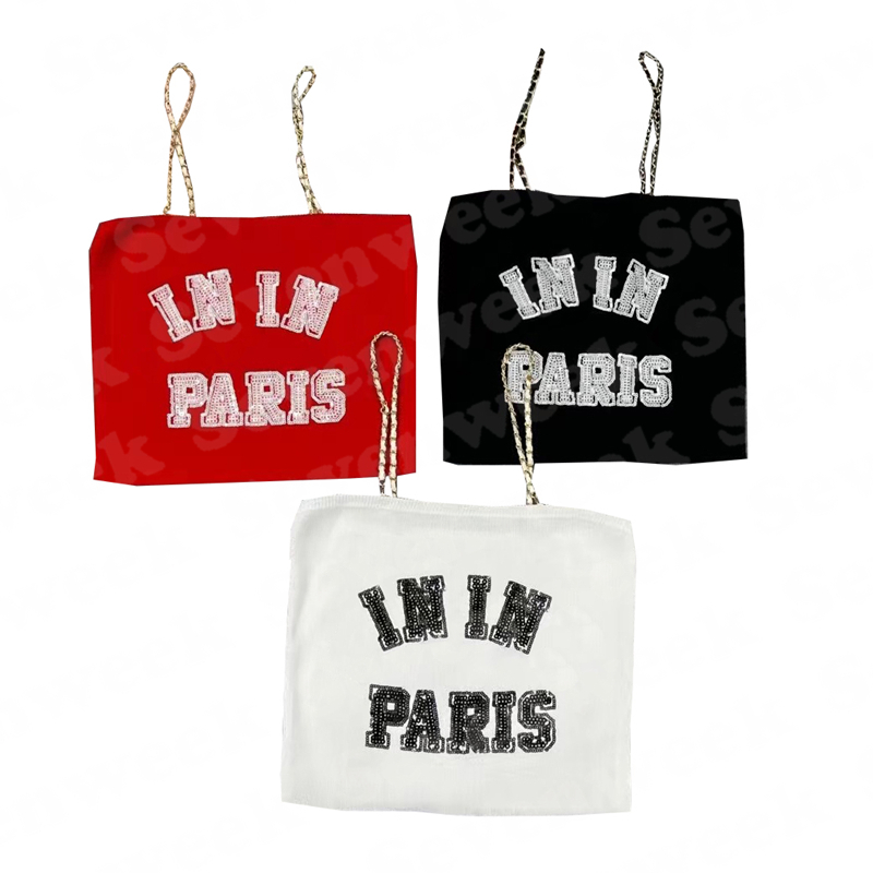 

Sequins Letter T Shirts Knit Vest Womens Sweater Design Sleeveless Tanks Fashion Sexy Ladies Sling Tops For Party Summer, Black