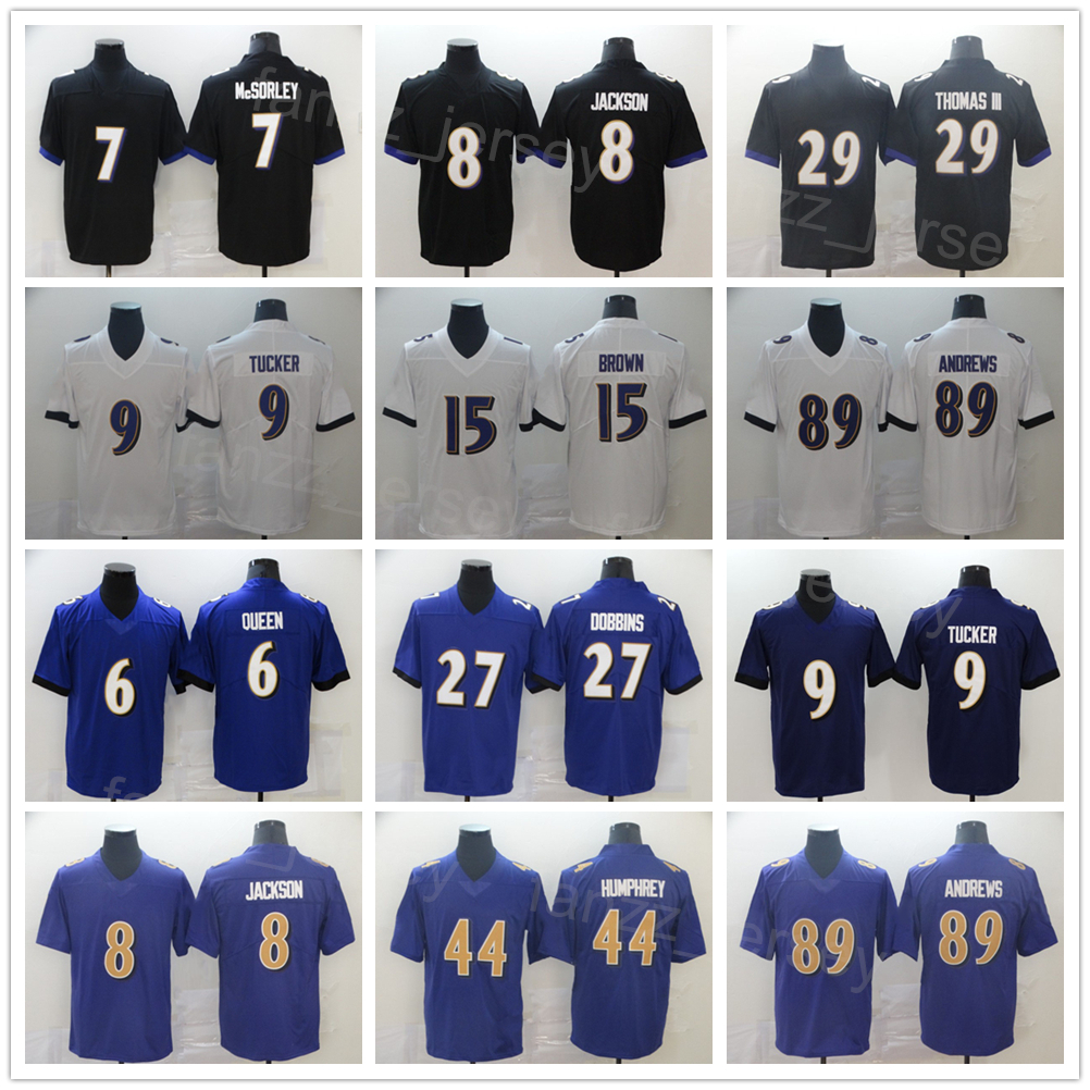 

Men Football 9 Justin Tucker Jerseys 6 Patrick Queen 44 Marlon Humphrey 89 Mark Andrews 7 Trace McSorley 8 Lamar Jackson 27 JK Dobbins 29 Earl Thomas III All Stitched, Purple
