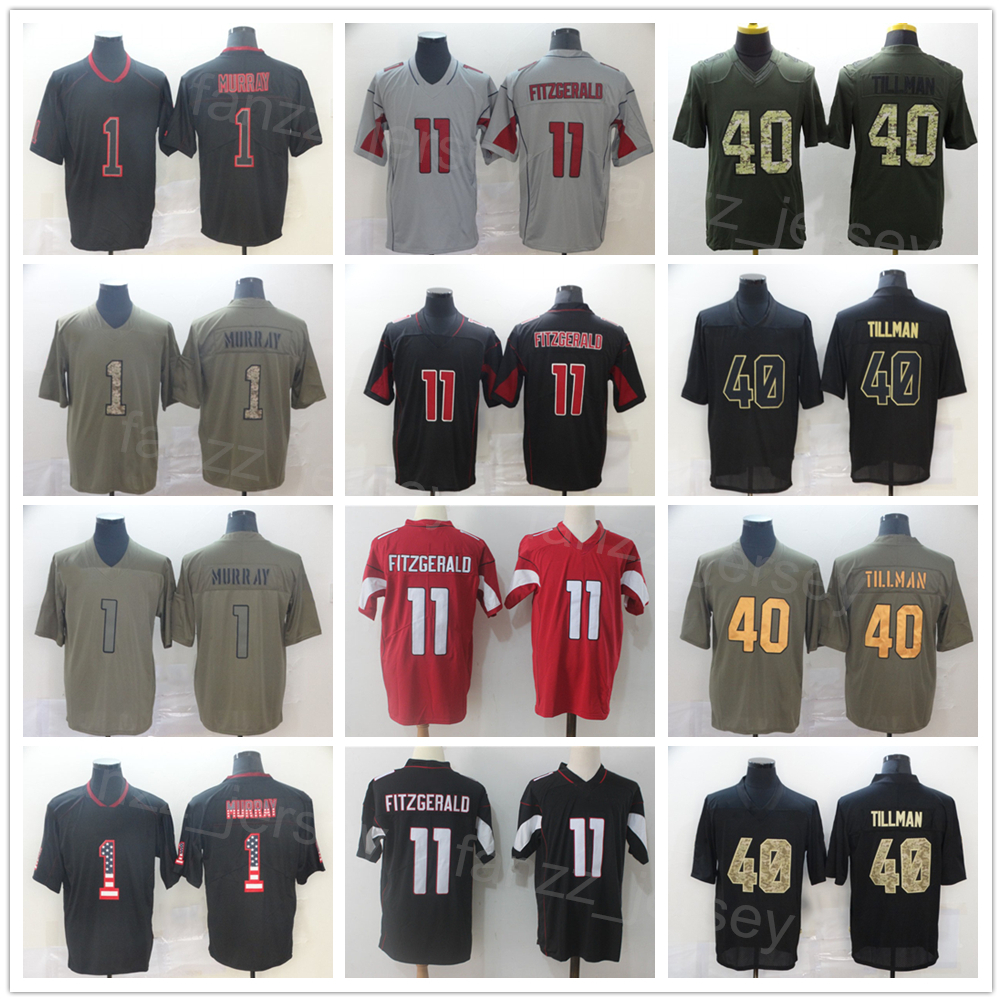 

Men Football 11 Larry Fitzgerald Jerseys 1 Kyler Murray 40 Pat Tillman Team Color Black Red White Grey All Stitching Olive Salute To Service USMC Hyphenation Uniform