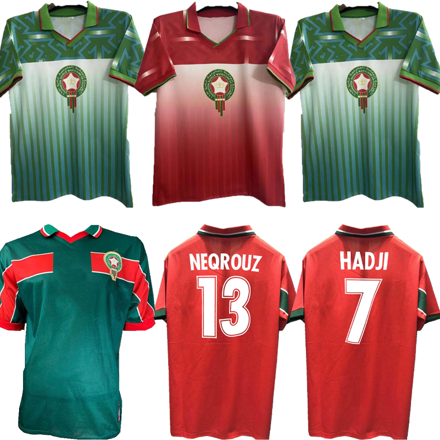 

94 95 Soccer Jerseys 1998 World Cup Retro Morocco 98 99 Maroc Home Away Hadji BASSIR OUAKILI NEQROUZ ABRAMI Custom Vintage Cassic, Green