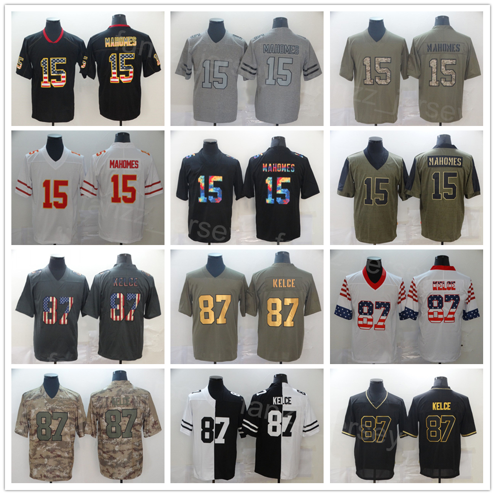 

Men 15 Patrick Mahomes Football Jersey 87 Travis Kelce Olive Salute To Service USMC Turn Back The Clock Vapor Color Rush All Stitched For Sport Fans Leopard Grain Team, Black