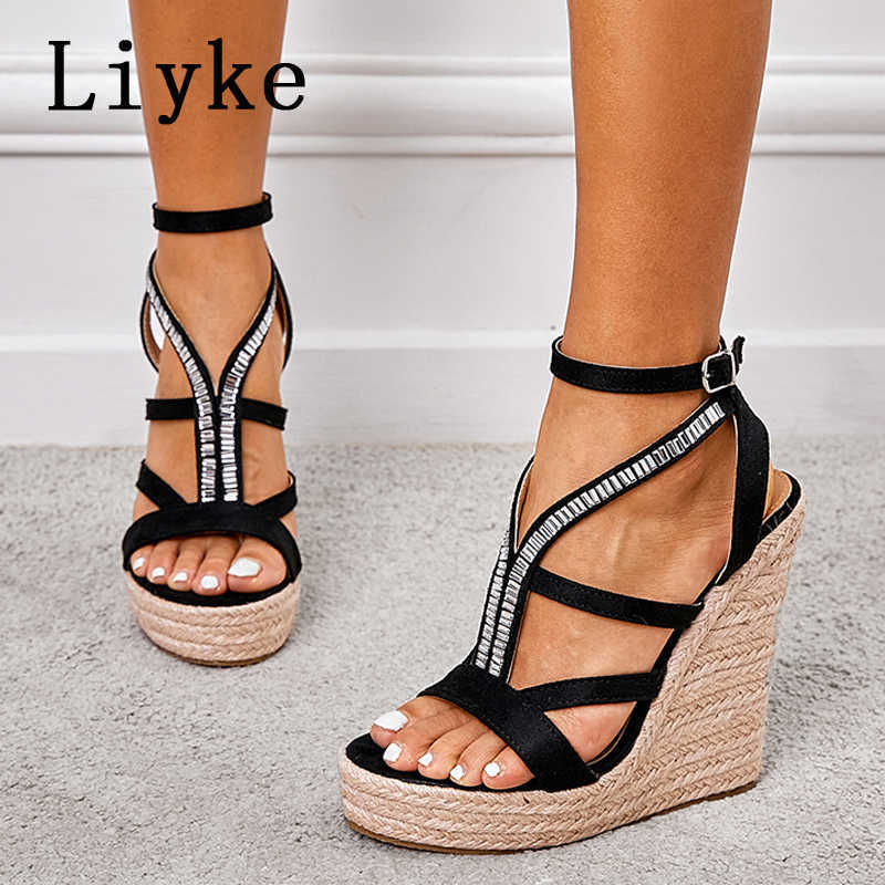 

Sandals Liyke Fashion Crystal Platform Sandals Summer Open Toe Ankle Buckle Strap Party Dress High Heels Wedges Shoes For Women T221209, Gray