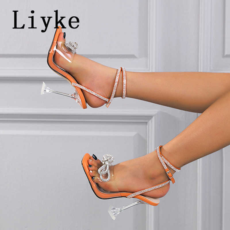 

Sandals Liyke 2022 New Arrival Fashion Crystal Butterfly-Knot Women Wedding Sandals Summer Open Toe Buckle Strap Transparent Heels Shoes T221209, Orange