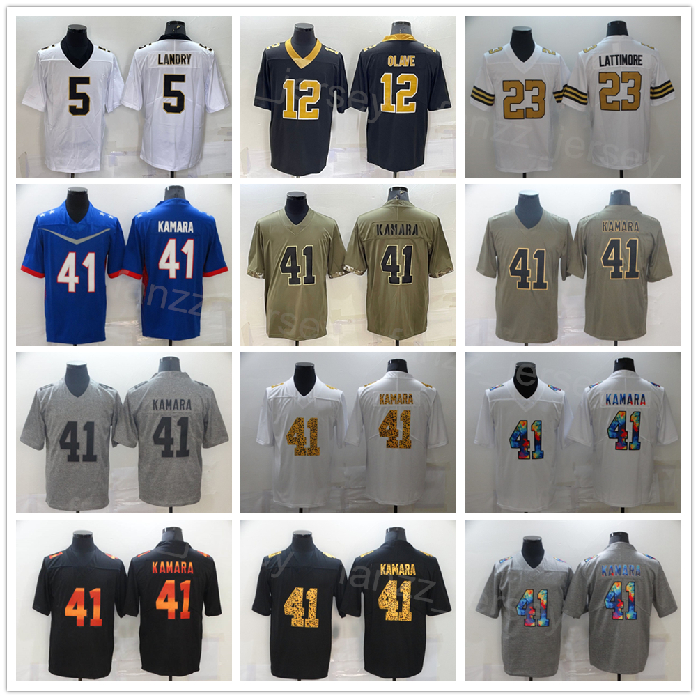 

Men Football 41 Alvin Kamara Jerseys 5 Jarvis Landry 12 Chris Olave 23 Marshon Lattimore Rainbow Leopard Grain Hemp Grey Salute To Service Army Green Black Stitched, White