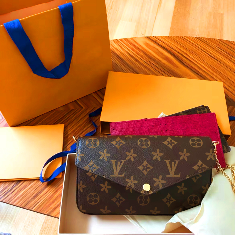 

3ps Golden Chain Crossbody Bag Soft Grain Leather Embossed Letter Removable Pocket L Purse Lady Wallet Credit Card Holder louise vutton viuton bag, Red embossed