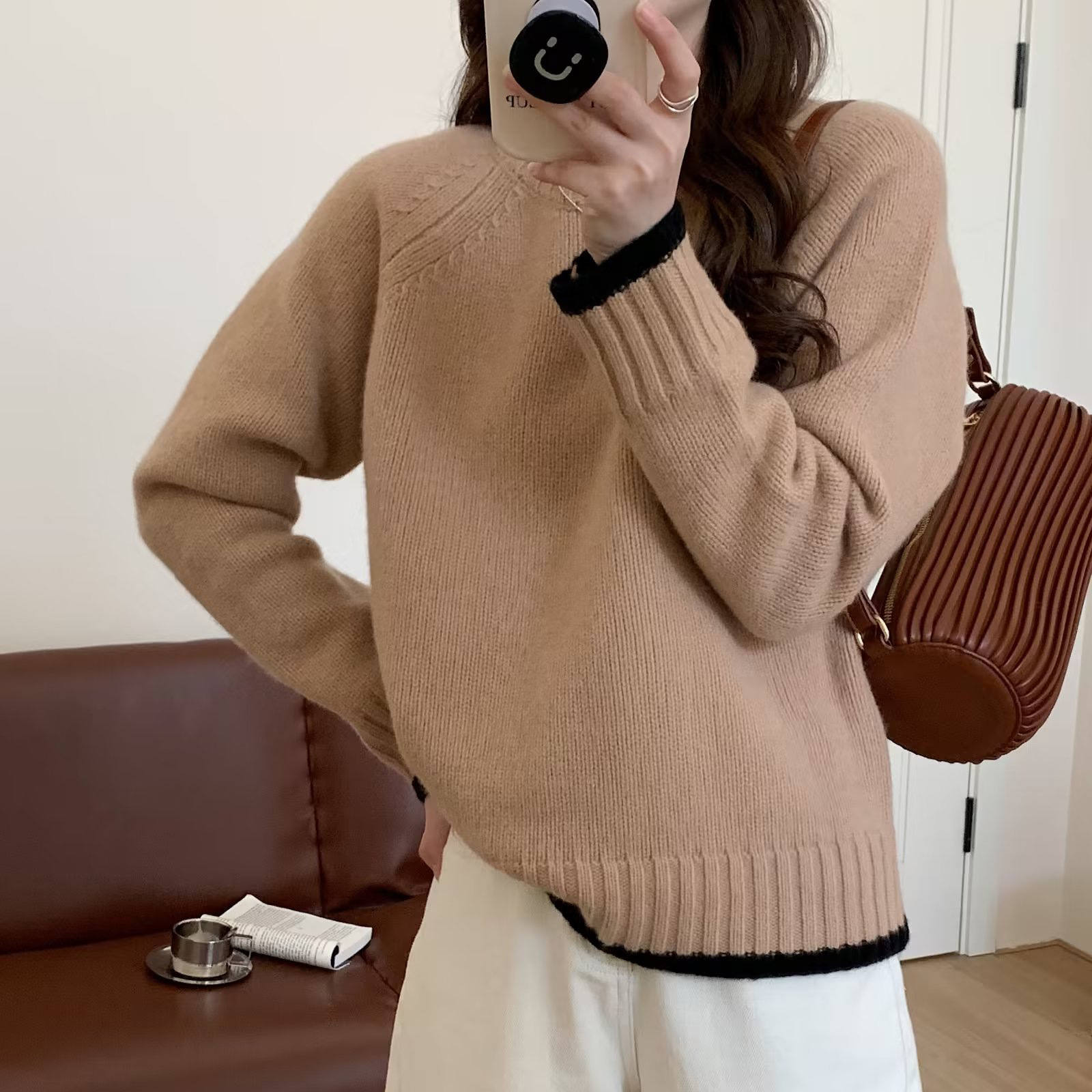 

contrast round neck loose pullover bottomed sweater Korean sweater women's wear 22 autumn winter new style long sleeve, Green